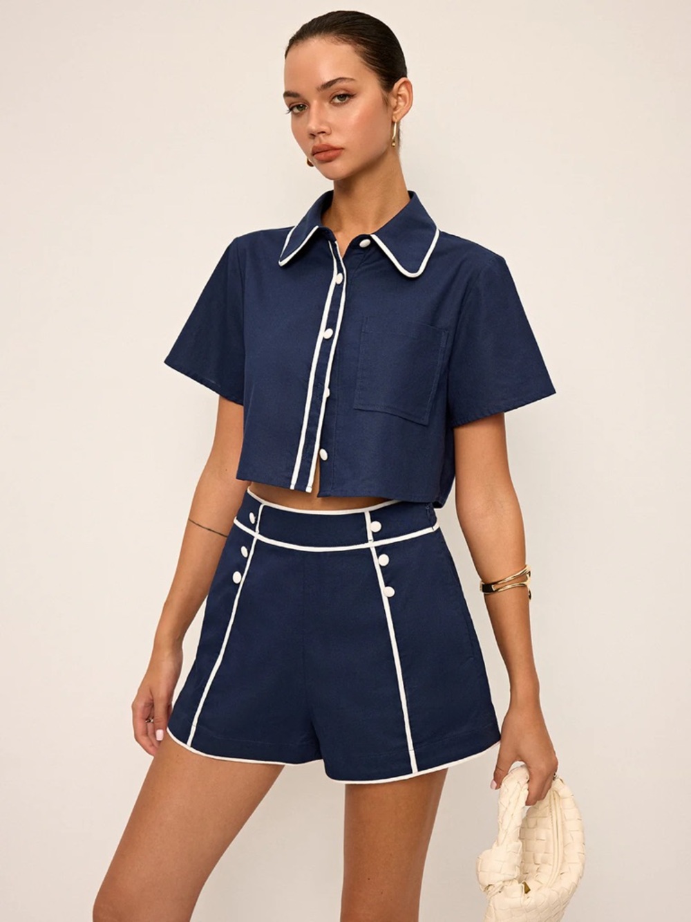 Commense Green Contrast Piping Crop Collared Button Down Shirt and Shorts Set